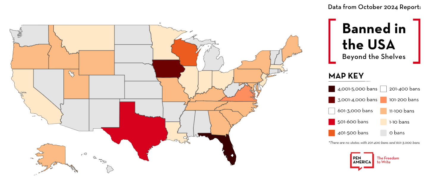 Diagram of the United States displaying where book bans are more frequent, with the most being in Florida and Iowa.